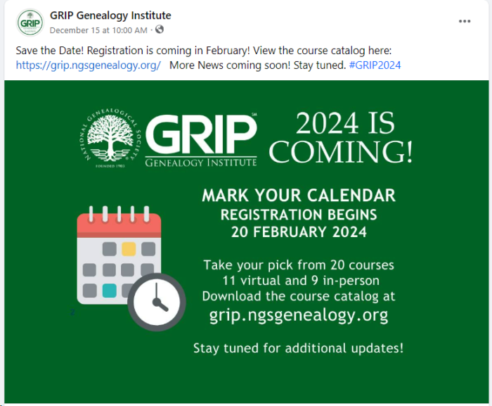 News update on GRIP (GRIP Genealogy Institute) for 2024 Genealogy by